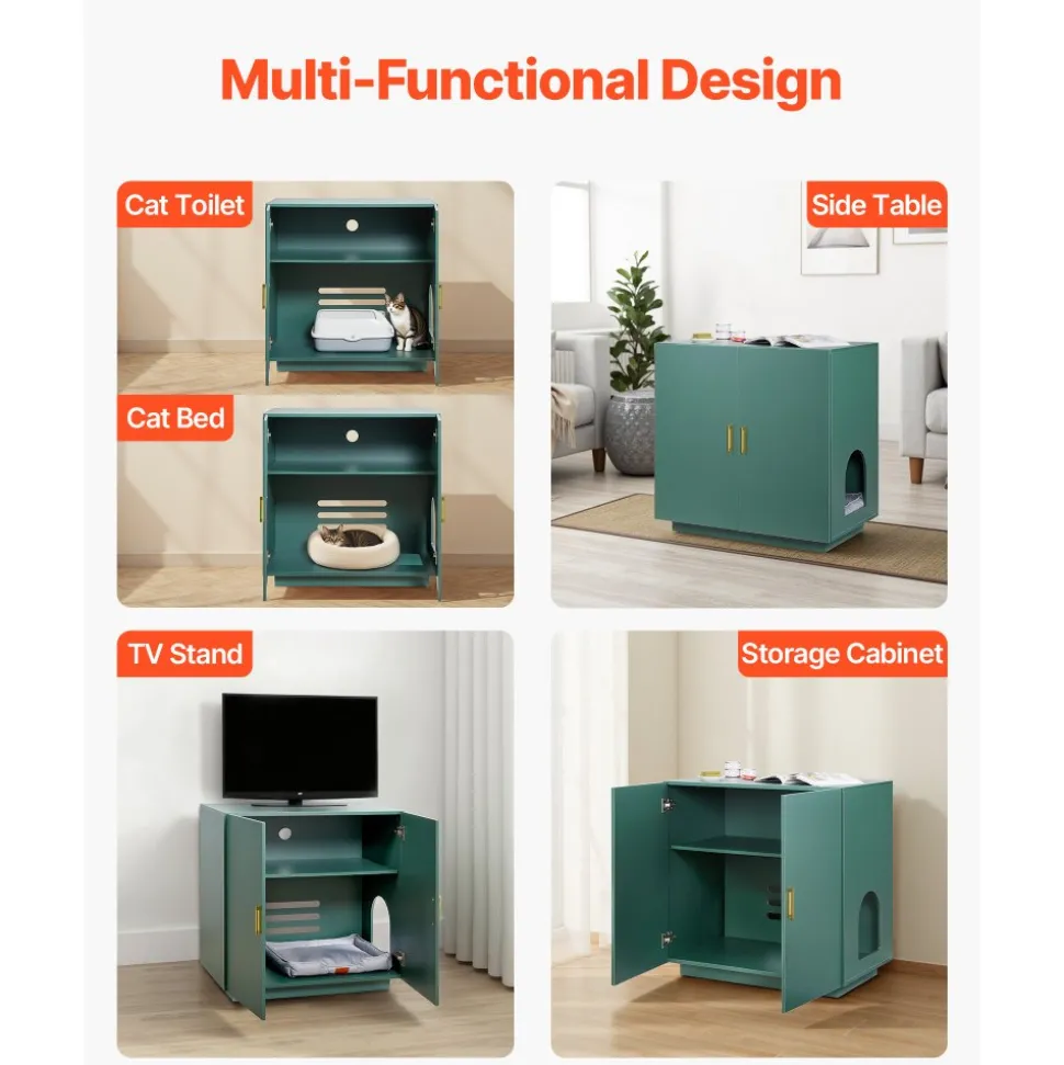 VEVOR Cat Litter Box Enclosure, 31.5 in Hidden Litter Box Cabinet, Wooden Indoor Cat Washroom with Ventilated Holes, Double-Door Kitty Pet House Furniture, End Side Table Fit Most Litterboxes