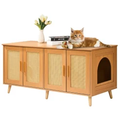 VEVOR Cat Litter Box Enclosure for 2 Cats, Litter Box Furniture Hidden with Rattan Decorated Doors, Wooden Cat Box Cabinet Fit Most of Litter Box, 47.2