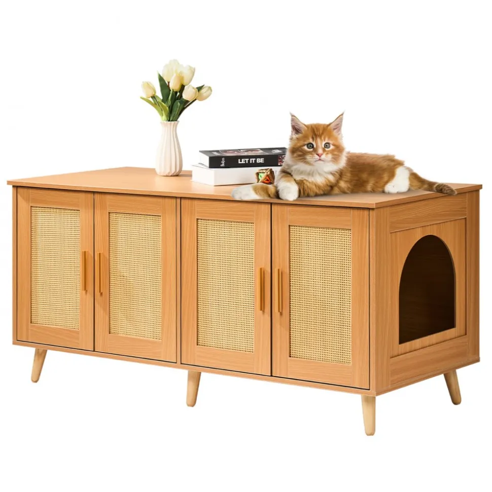VEVOR Cat Litter Box Enclosure for 2 Cats, Litter Box Furniture Hidden with Rattan Decorated Doors, Wooden Cat Box Cabinet Fit Most of Litter Box, 47.2"L x 19.7"W x 21.7"H, Natural