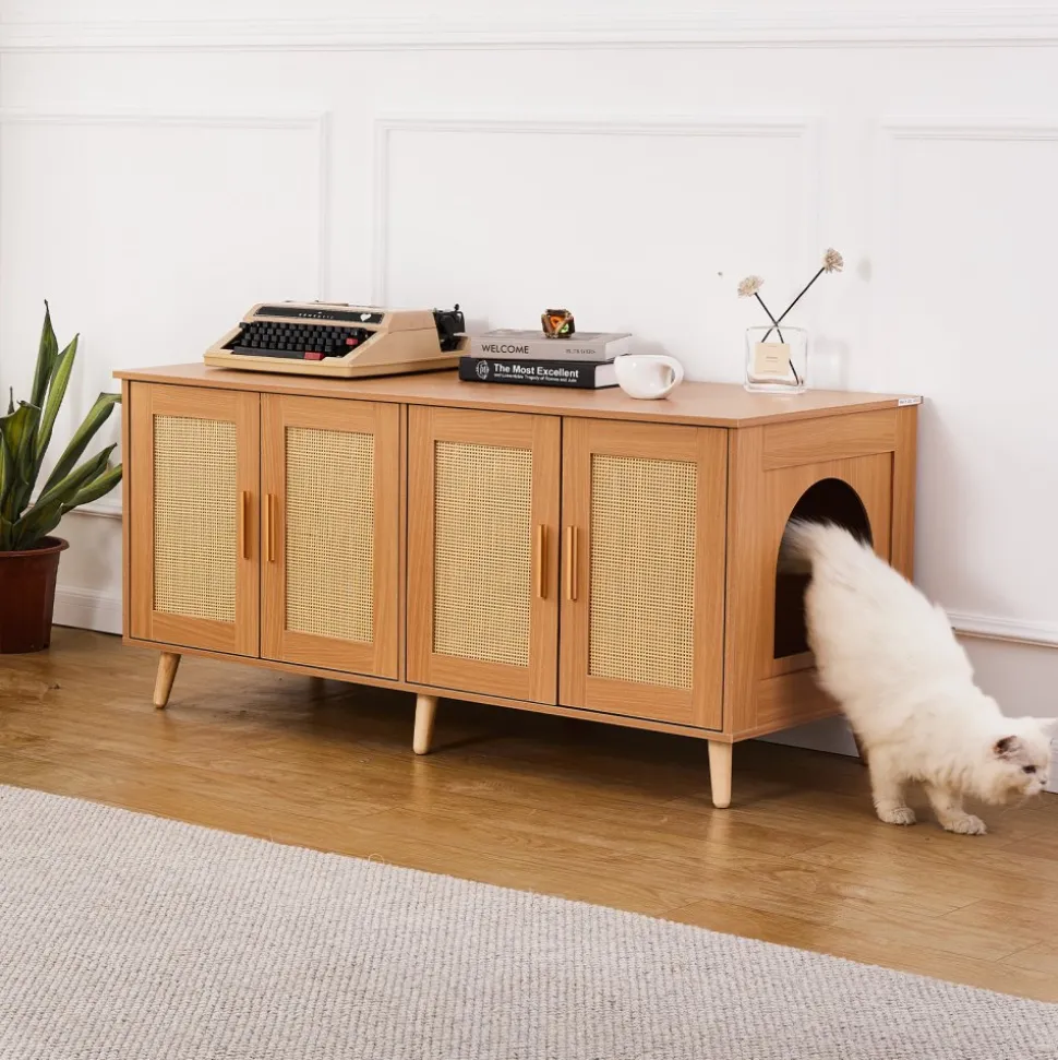 VEVOR Cat Litter Box Enclosure for 2 Cats, Litter Box Furniture Hidden with Rattan Decorated Doors, Wooden Cat Box Cabinet Fit Most of Litter Box, 47.2"L x 19.7"W x 21.7"H, Natural