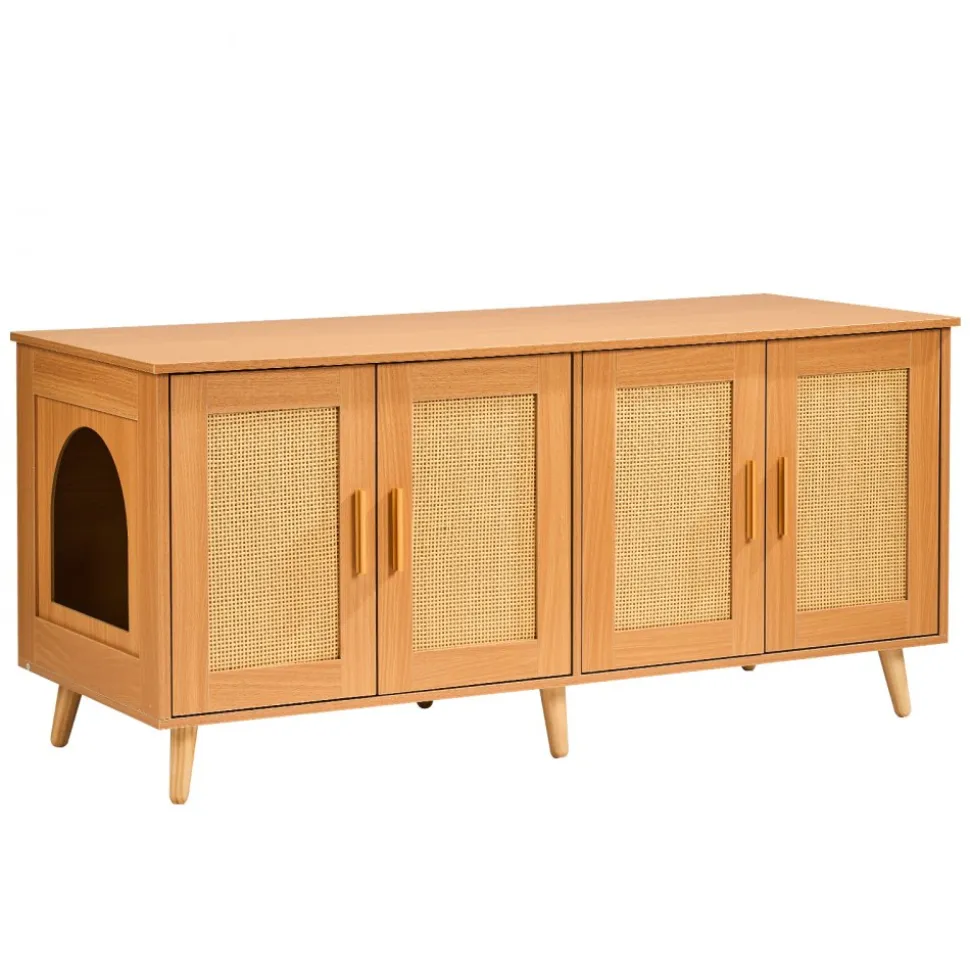 VEVOR Cat Litter Box Enclosure for 2 Cats, Litter Box Furniture Hidden with Rattan Decorated Doors, Wooden Cat Box Cabinet Fit Most of Litter Box, 47.2"L x 19.7"W x 21.7"H, Natural