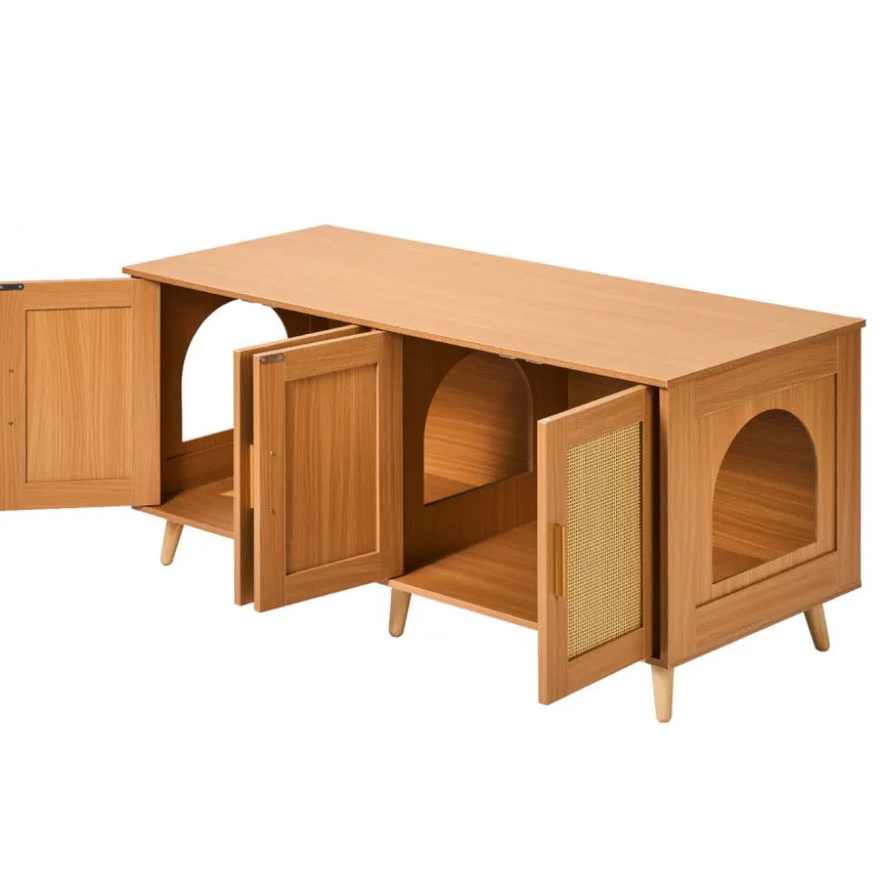 VEVOR Cat Litter Box Enclosure for 2 Cats, Litter Box Furniture Hidden with Rattan Decorated Doors, Wooden Cat Box Cabinet Fit Most of Litter Box, 47.2"L x 19.7"W x 21.7"H, Natural