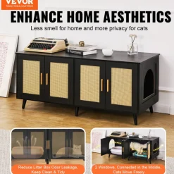 VEVOR Cat Litter Box Enclosure for 2 Cats, Litter Box Furniture Hidden with Rattan Decorated Doors, Wooden Cat Box Cabinet Fit Most of Litter Box, 47.2"L x 19.7"W x 21.7"H, Black