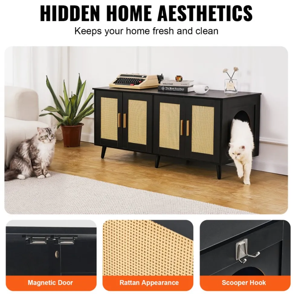 VEVOR Cat Litter Box Enclosure for 2 Cats, Litter Box Furniture Hidden with Rattan Decorated Doors, Wooden Cat Box Cabinet Fit Most of Litter Box, 47.2"L x 19.7"W x 21.7"H, Black