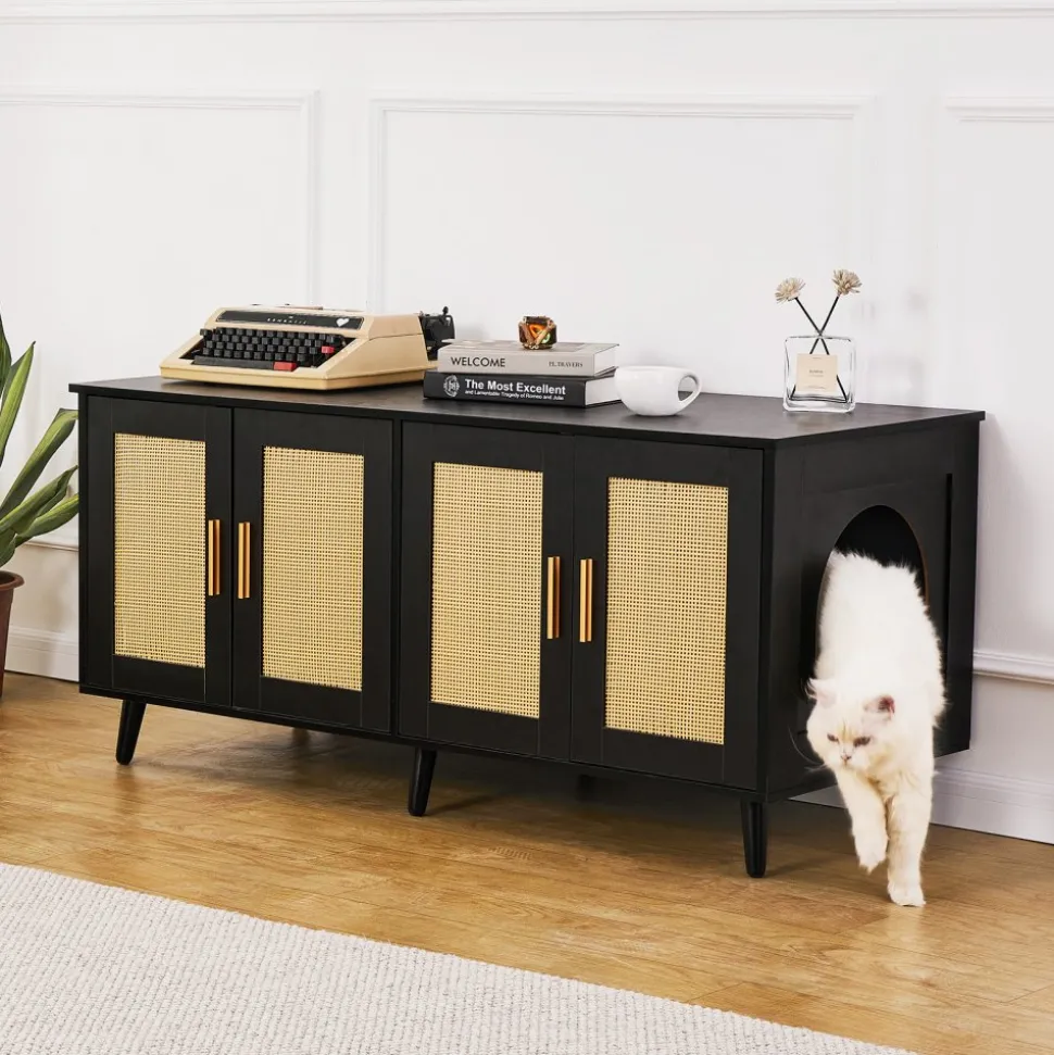 VEVOR Cat Litter Box Enclosure for 2 Cats, Litter Box Furniture Hidden with Rattan Decorated Doors, Wooden Cat Box Cabinet Fit Most of Litter Box, 47.2"L x 19.7"W x 21.7"H, Black