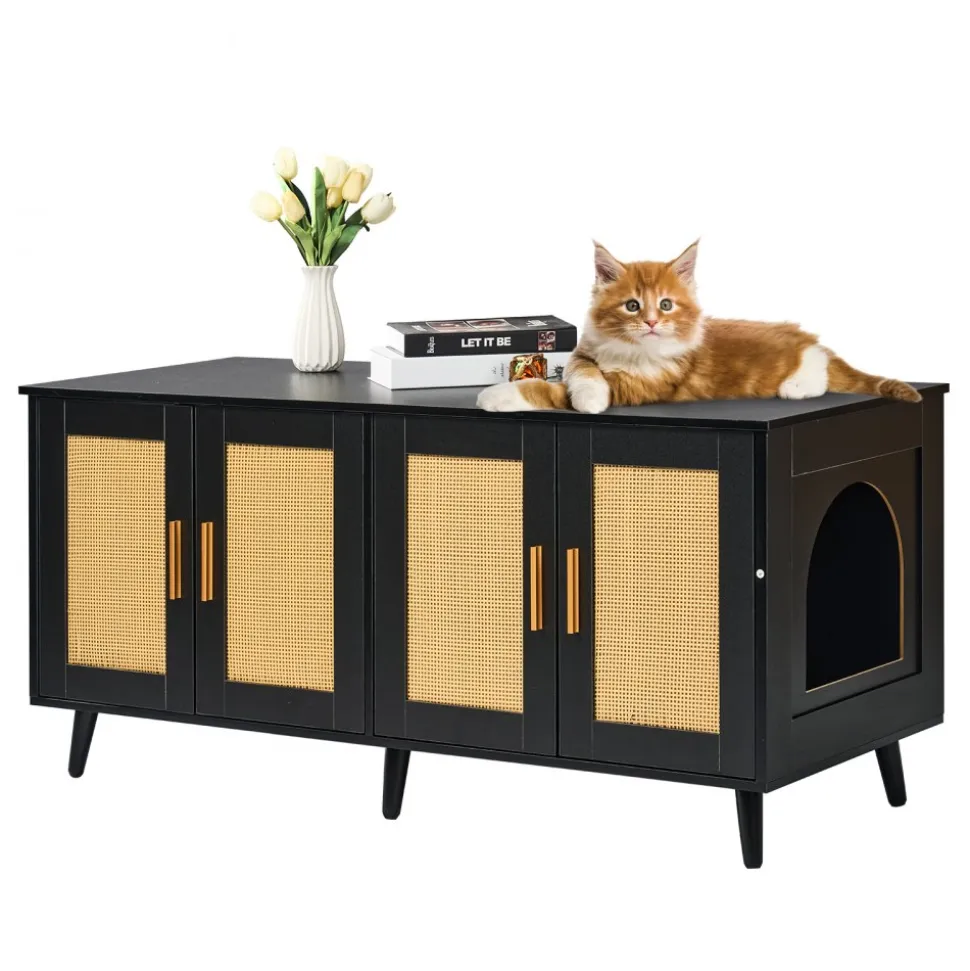 VEVOR Cat Litter Box Enclosure for 2 Cats, Litter Box Furniture Hidden with Rattan Decorated Doors, Wooden Cat Box Cabinet Fit Most of Litter Box, 47.2"L x 19.7"W x 21.7"H, Black