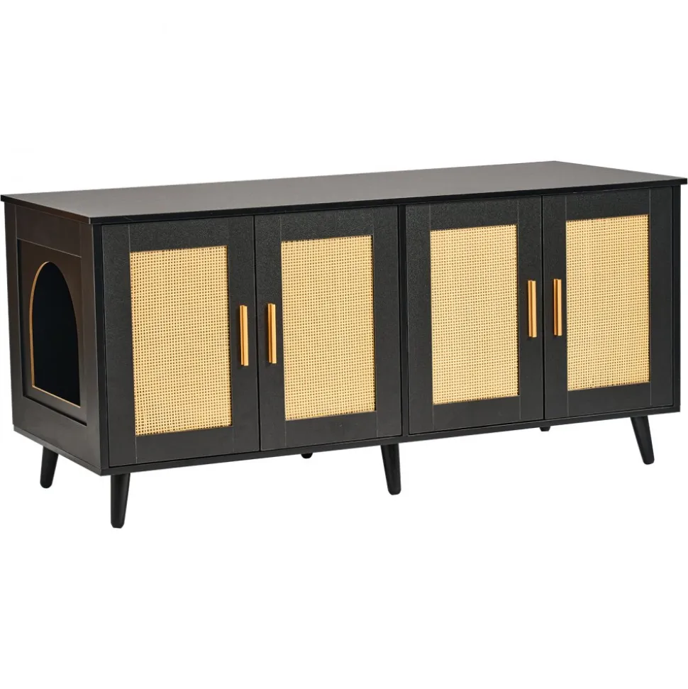 VEVOR Cat Litter Box Enclosure for 2 Cats, Litter Box Furniture Hidden with Rattan Decorated Doors, Wooden Cat Box Cabinet Fit Most of Litter Box, 47.2"L x 19.7"W x 21.7"H, Black