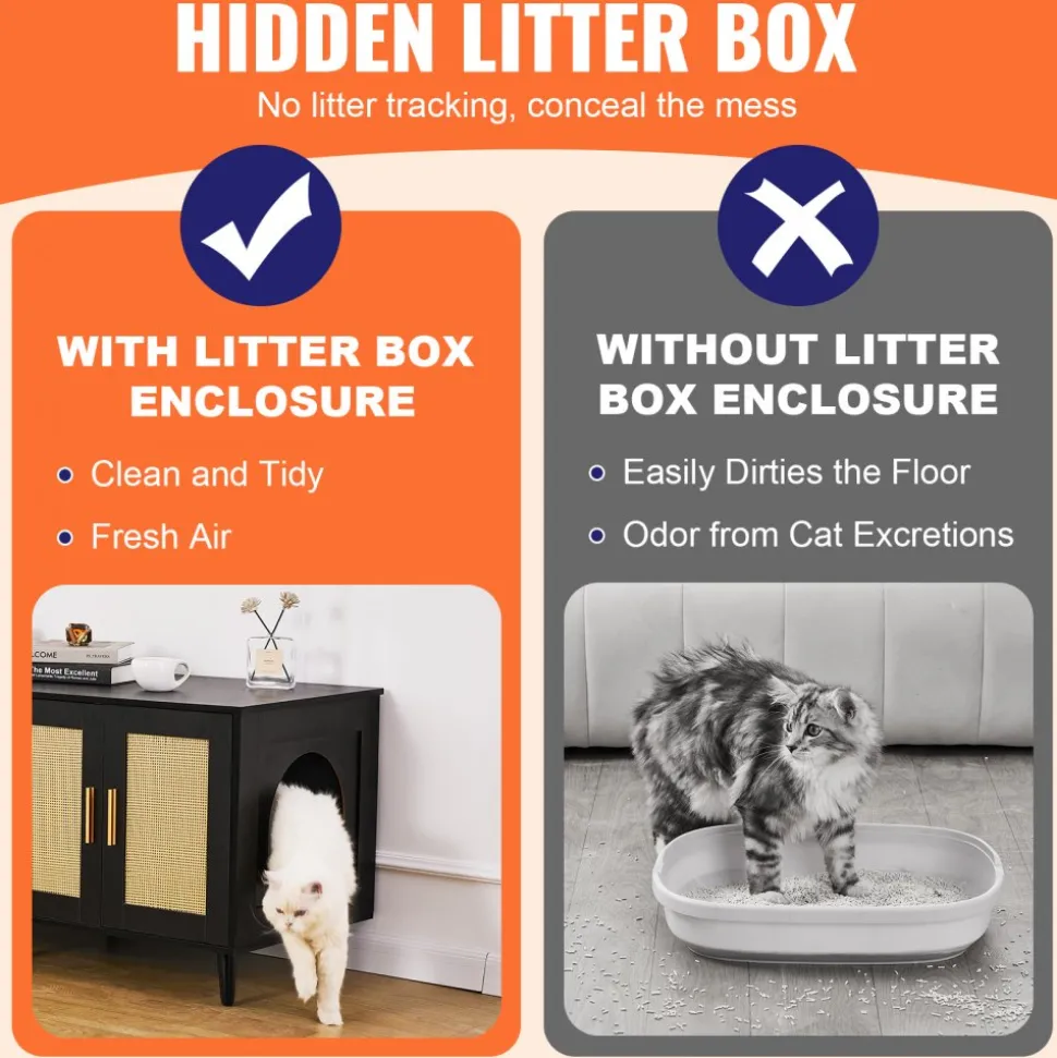 VEVOR Cat Litter Box Enclosure for 2 Cats, Litter Box Furniture Hidden with Rattan Decorated Doors, Wooden Cat Box Cabinet Fit Most of Litter Box, 47.2"L x 19.7"W x 21.7"H, Black