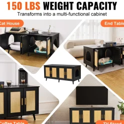 VEVOR Cat Litter Box Enclosure for 2 Cats, Litter Box Furniture Hidden with Rattan Decorated Doors, Wooden Cat Box Cabinet Fit Most of Litter Box, 47.2