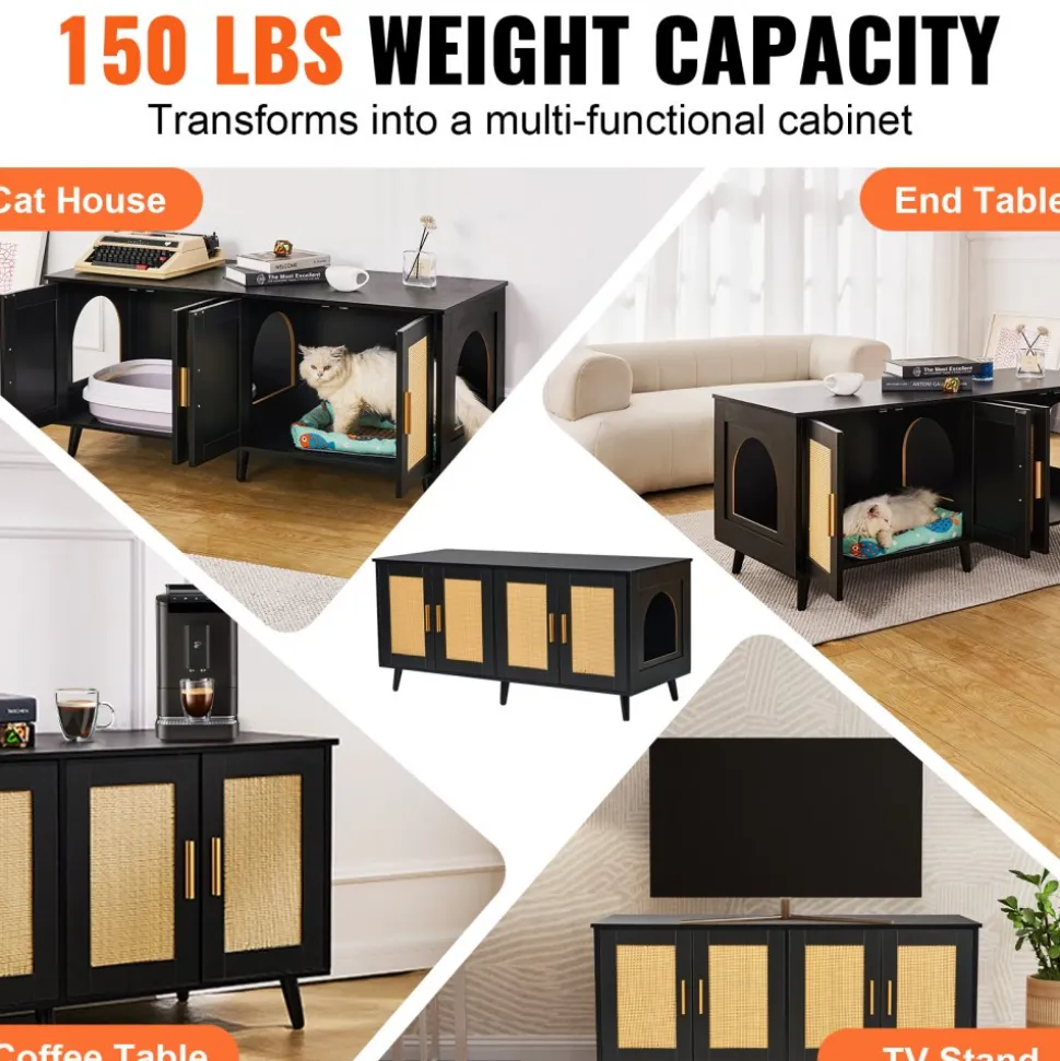 VEVOR Cat Litter Box Enclosure for 2 Cats, Litter Box Furniture Hidden with Rattan Decorated Doors, Wooden Cat Box Cabinet Fit Most of Litter Box, 47.2"L x 19.7"W x 21.7"H, Black