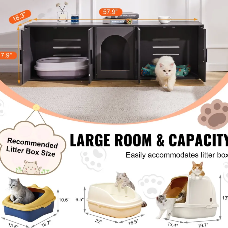 VEVOR Cat Litter Box Enclosure for 2 Cats, Litter Box Furniture Hidden with Double Rooms, Wooden Cat Box Cabinet Fit Most of Litter Box, 57.9"L x 18.3"W x 17.9"H, Black