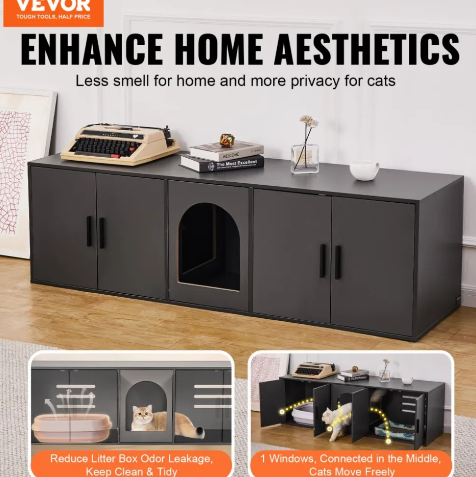 VEVOR Cat Litter Box Enclosure for 2 Cats, Litter Box Furniture Hidden with Double Rooms, Wooden Cat Box Cabinet Fit Most of Litter Box, 57.9"L x 18.3"W x 17.9"H, Black