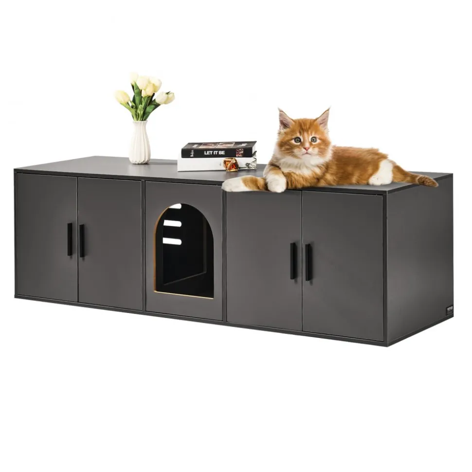 VEVOR Cat Litter Box Enclosure for 2 Cats, Litter Box Furniture Hidden with Double Rooms, Wooden Cat Box Cabinet Fit Most of Litter Box, 57.9"L x 18.3"W x 17.9"H, Black