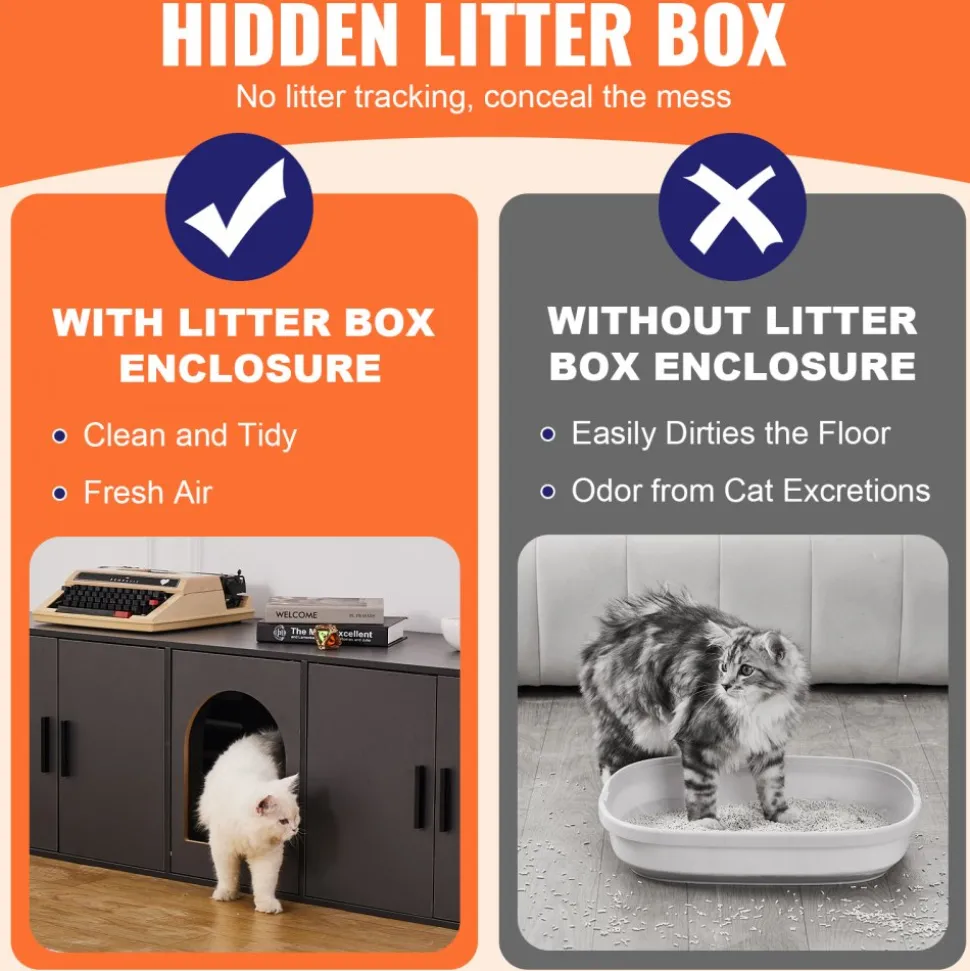 VEVOR Cat Litter Box Enclosure for 2 Cats, Litter Box Furniture Hidden with Double Rooms, Wooden Cat Box Cabinet Fit Most of Litter Box, 57.9"L x 18.3"W x 17.9"H, Black