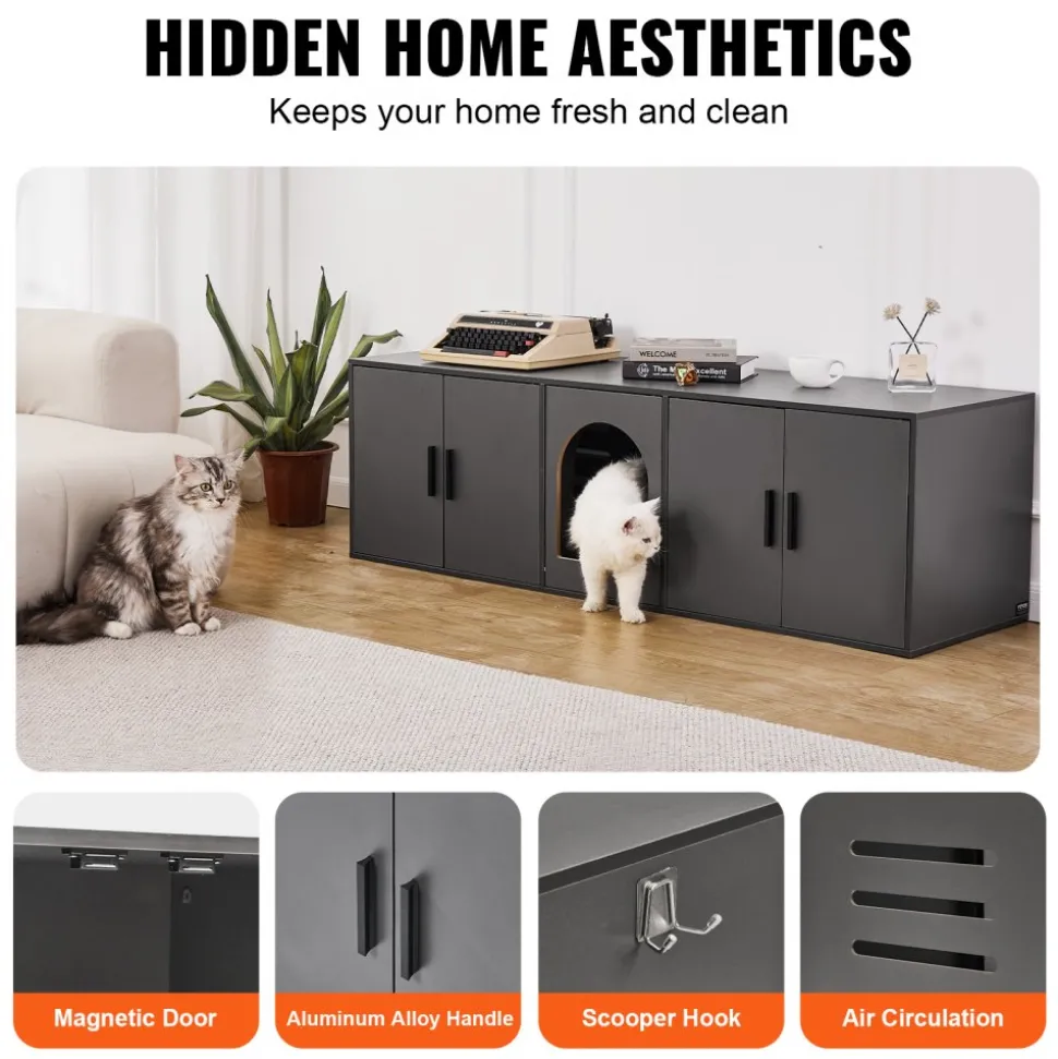 VEVOR Cat Litter Box Enclosure for 2 Cats, Litter Box Furniture Hidden with Double Rooms, Wooden Cat Box Cabinet Fit Most of Litter Box, 57.9"L x 18.3"W x 17.9"H, Black