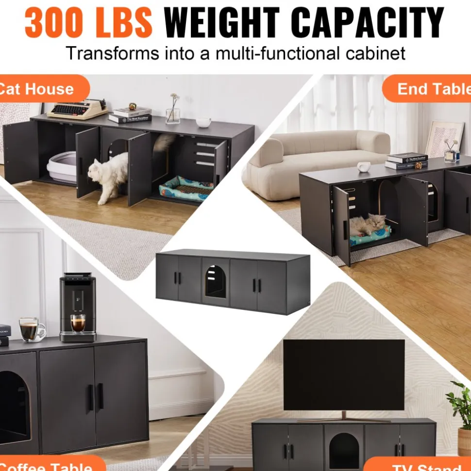 VEVOR Cat Litter Box Enclosure for 2 Cats, Litter Box Furniture Hidden with Double Rooms, Wooden Cat Box Cabinet Fit Most of Litter Box, 57.9"L x 18.3"W x 17.9"H, Black