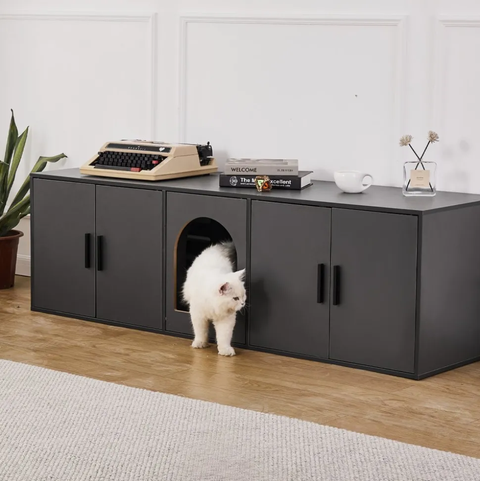 VEVOR Cat Litter Box Enclosure for 2 Cats, Litter Box Furniture Hidden with Double Rooms, Wooden Cat Box Cabinet Fit Most of Litter Box, 57.9"L x 18.3"W x 17.9"H, Black