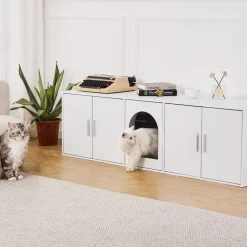 VEVOR Cat Litter Box Enclosure for 2 Cats, Litter Box Furniture Hidden with Double Rooms, Wooden Cat Box Cabinet Fit Most of Litter Box, 57.9"L x 18.3"W Â x 17.9"H, White
