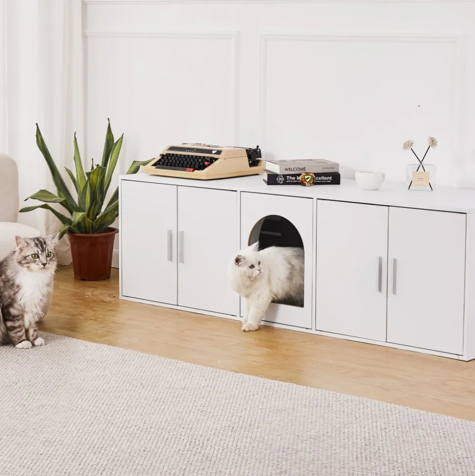 VEVOR Cat Litter Box Enclosure for 2 Cats, Litter Box Furniture Hidden with Double Rooms, Wooden Cat Box Cabinet Fit Most of Litter Box, 57.9"L x 18.3"W x 17.9"H, White