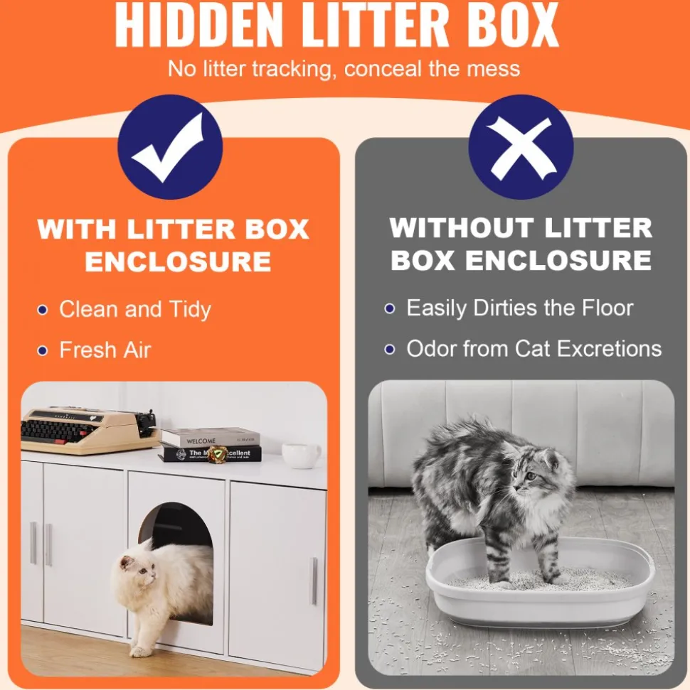 VEVOR Cat Litter Box Enclosure for 2 Cats, Litter Box Furniture Hidden with Double Rooms, Wooden Cat Box Cabinet Fit Most of Litter Box, 57.9"L x 18.3"W x 17.9"H, White