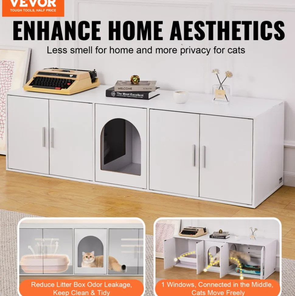 VEVOR Cat Litter Box Enclosure for 2 Cats, Litter Box Furniture Hidden with Double Rooms, Wooden Cat Box Cabinet Fit Most of Litter Box, 57.9"L x 18.3"W x 17.9"H, White