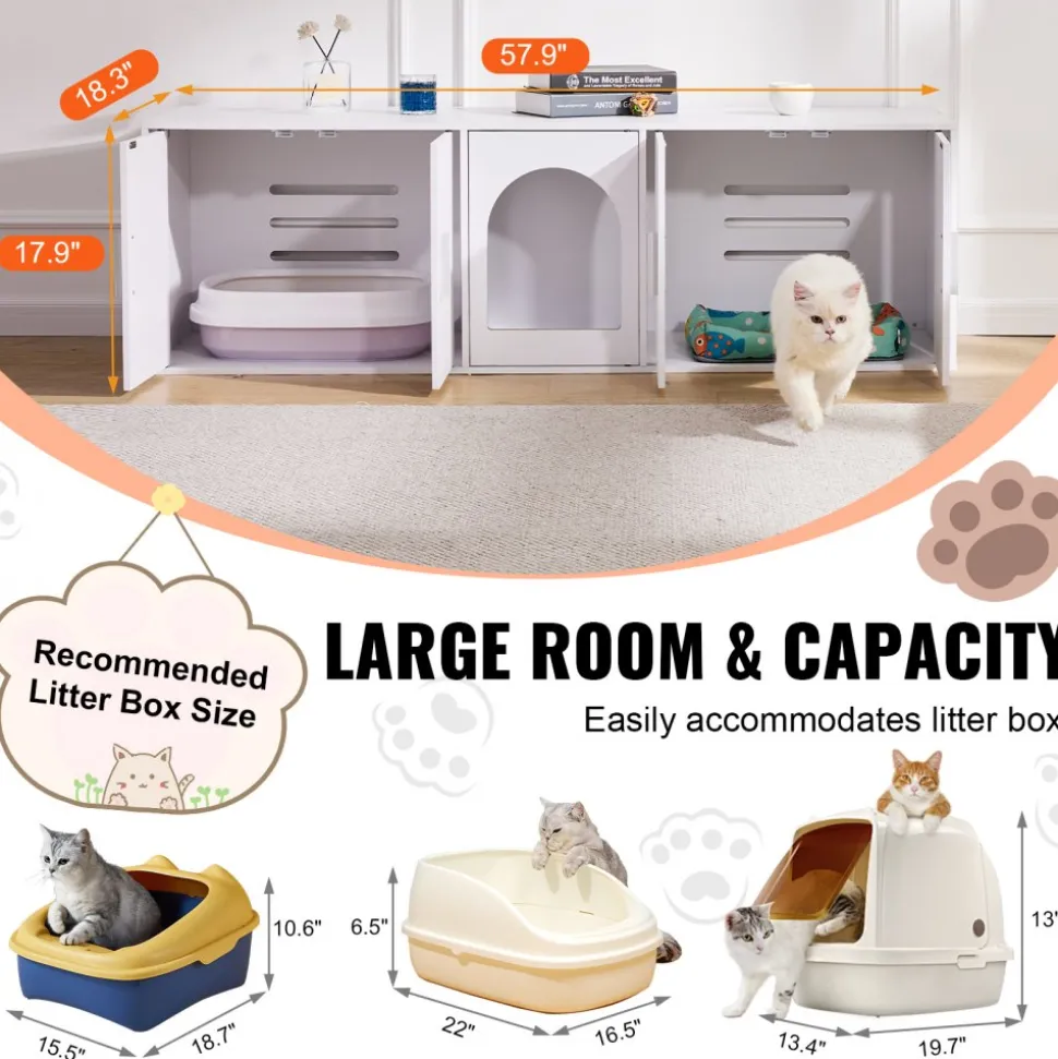 VEVOR Cat Litter Box Enclosure for 2 Cats, Litter Box Furniture Hidden with Double Rooms, Wooden Cat Box Cabinet Fit Most of Litter Box, 57.9"L x 18.3"W x 17.9"H, White