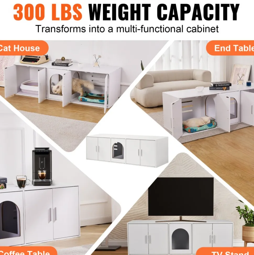 VEVOR Cat Litter Box Enclosure for 2 Cats, Litter Box Furniture Hidden with Double Rooms, Wooden Cat Box Cabinet Fit Most of Litter Box, 57.9"L x 18.3"W x 17.9"H, White