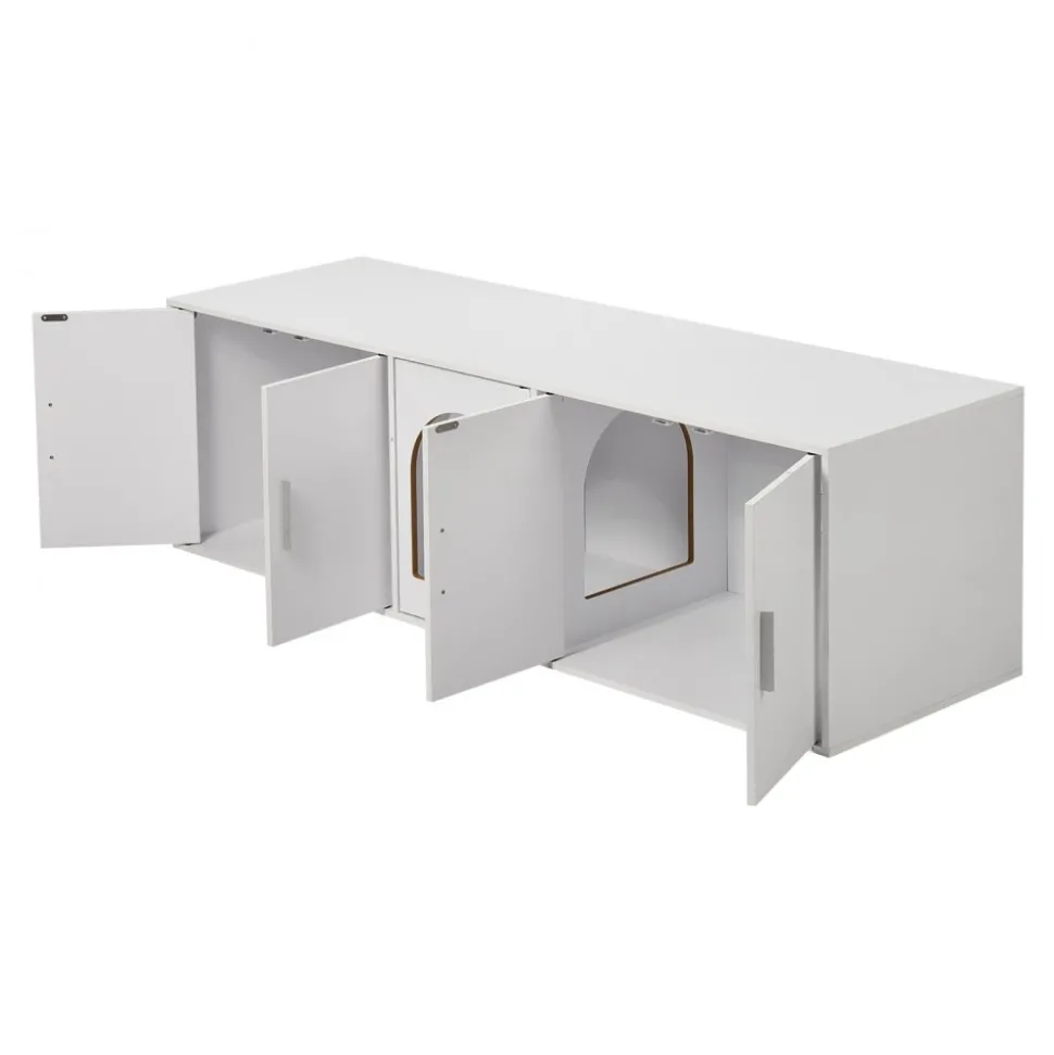 VEVOR Cat Litter Box Enclosure for 2 Cats, Litter Box Furniture Hidden with Double Rooms, Wooden Cat Box Cabinet Fit Most of Litter Box, 57.9"L x 18.3"W x 17.9"H, White