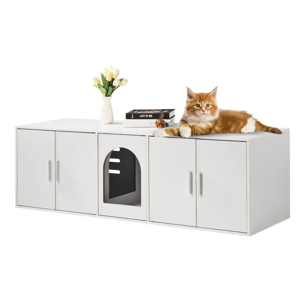 VEVOR Cat Litter Box Enclosure for 2 Cats, Litter Box Furniture Hidden with Double Rooms, Wooden Cat Box Cabinet Fit Most of Litter Box, 57.9"L x 18.3"W x 17.9"H, White