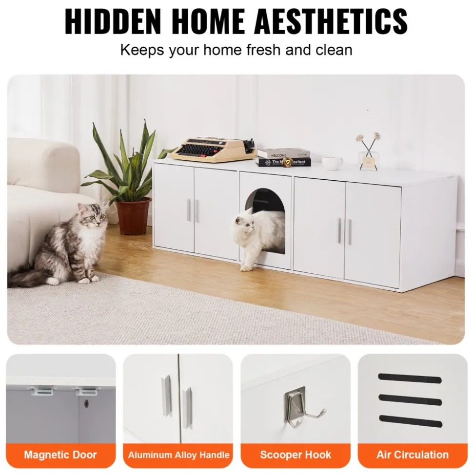 VEVOR Cat Litter Box Enclosure for 2 Cats, Litter Box Furniture Hidden with Double Rooms, Wooden Cat Box Cabinet Fit Most of Litter Box, 57.9"L x 18.3"W x 17.9"H, White