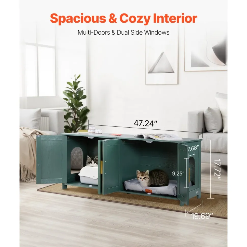 VEVOR Cat Litter Box Enclosure for Multi Cats, 47.2 in Hidden Litter Box Cabinet with 4 Rattan Doors & 2 Entries, Indoor Cat Washroom, Wooden Kitty House Furniture, Fit Most Litterboxes, Green