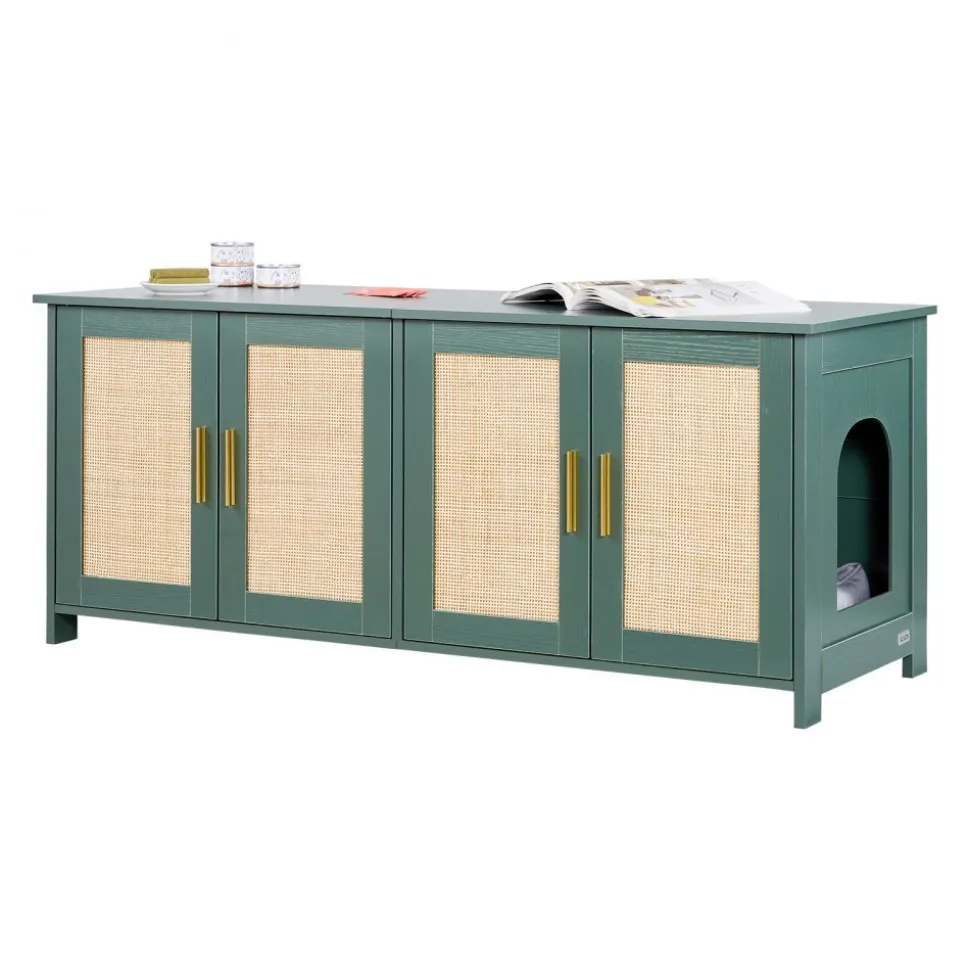 VEVOR Cat Litter Box Enclosure for Multi Cats, 47.2 in Hidden Litter Box Cabinet with 4 Rattan Doors & 2 Entries, Indoor Cat Washroom, Wooden Kitty House Furniture, Fit Most Litterboxes, Green