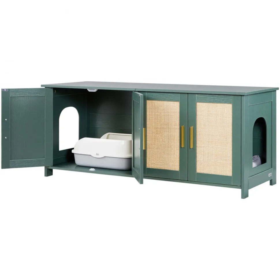 VEVOR Cat Litter Box Enclosure for Multi Cats, 47.2 in Hidden Litter Box Cabinet with 4 Rattan Doors & 2 Entries, Indoor Cat Washroom, Wooden Kitty House Furniture, Fit Most Litterboxes, Green