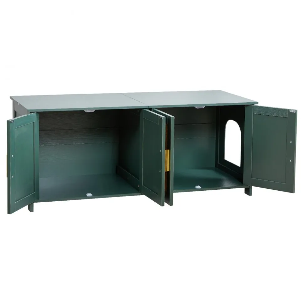 VEVOR Cat Litter Box Enclosure for Multi Cats, 47.2 in Hidden Litter Box Cabinet with 4 Rattan Doors & 2 Entries, Indoor Cat Washroom, Wooden Kitty House Furniture, Fit Most Litterboxes, Green