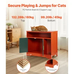 VEVOR Cat Litter Box Enclosure, 31 in Hidden Litter Box Cabinet with Shelf & Storage, Modern Style Indoor Cat Washroom, Wooden Kitty House Furniture End Table, Fit Most Litterboxes, Red & Green