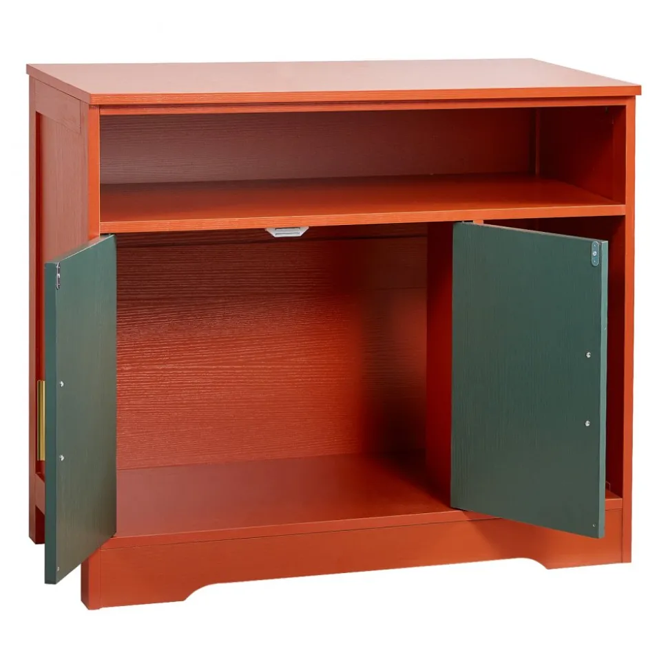 VEVOR Cat Litter Box Enclosure, 31 in Hidden Litter Box Cabinet with Shelf & Storage, Modern Style Indoor Cat Washroom, Wooden Kitty House Furniture End Table, Fit Most Litterboxes, Red & Green