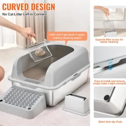 VEVOR Cat Litter Box, 6 inches Deep, XL Extra Large Stainless Steel Cat Litter Box with Scoop, Wide Filtering Foot Board & High Sides, Enclosed Odor-Free Easy-to-Clean Litter Box, Fit for Big Cats