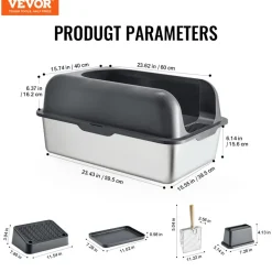 VEVOR Cat Litter Box, 6 inches Deep, XL Extra Large Stainless Steel Cat Litter Box with Scoop, Wide Filtering Foot Board & High Sides, Enclosed Odor-Free Easy-to-Clean Litter Box, Fit for Big Cats