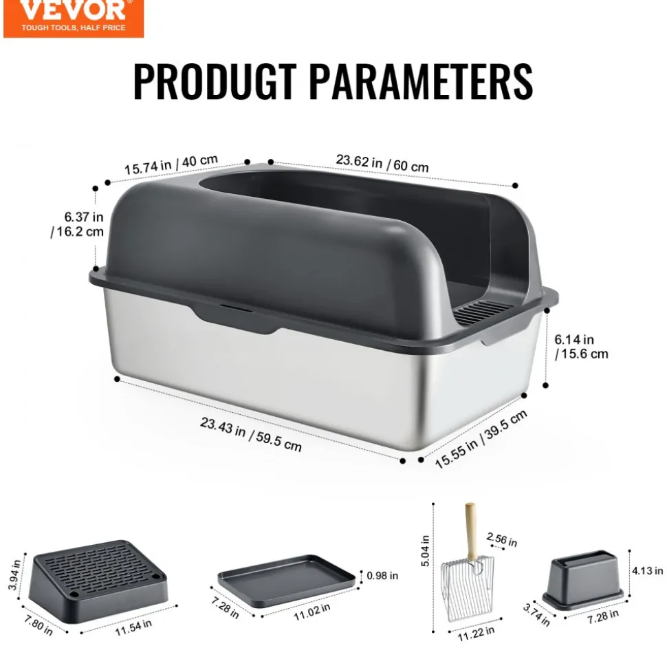 VEVOR Cat Litter Box, 6 inches Deep, XL Extra Large Stainless Steel Cat Litter Box with Scoop, Wide Filtering Foot Board & High Sides, Enclosed Odor-Free Easy-to-Clean Litter Box, Fit for Big Cats