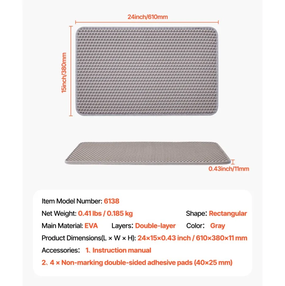 VEVOR Cat Litter Mat, 24 x 15 in, Double-Layer Litter Box Mat, Non-Slip & Urine-Proof Litter-Trapping Mats for Indoor Cats, Honeycomb Design, Soft on Paws, Washable Large Kitty Mats for Floor