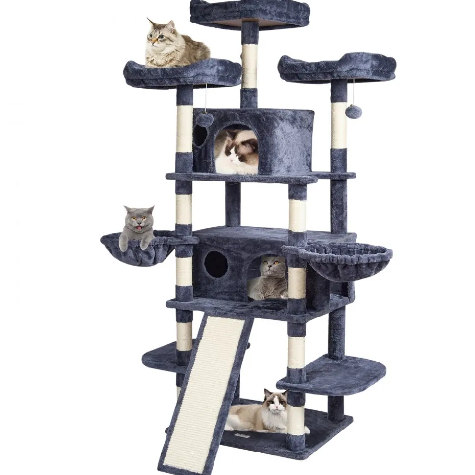 VEVOR Cat Tree for Indoor Cats, 68.5" Cat Tower with 2 Cat Condos, Sisal Scratching Post, Hammocks, Top Perches, Jumping Platforms and Ramp, Cat Furniture Activity Center with Hang Balls, Dark Grey