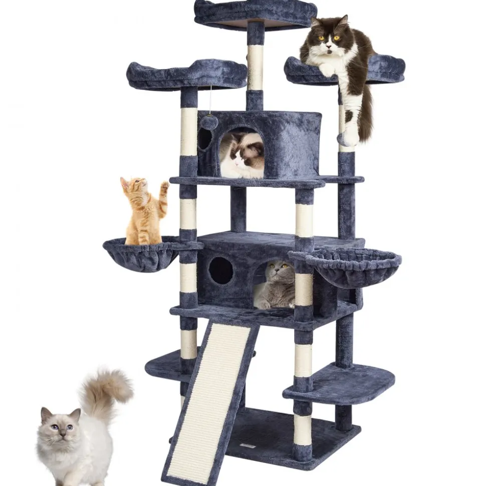 VEVOR Cat Tree for Indoor Cats, 68.5" Cat Tower with 2 Cat Condos, Sisal Scratching Post, Hammocks, Top Perches, Jumping Platforms and Ramp, Cat Furniture Activity Center with Hang Balls, Dark Grey