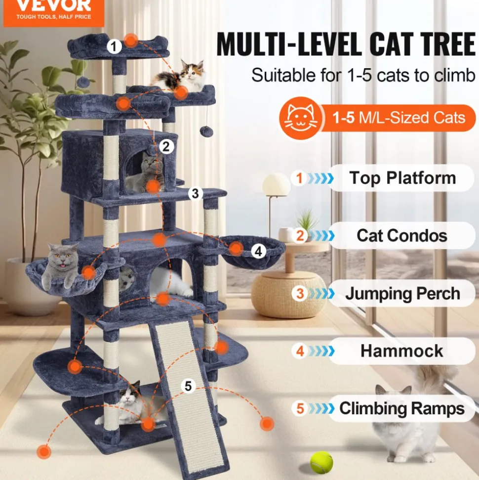 VEVOR Cat Tree for Indoor Cats, 68.5" Cat Tower with 2 Cat Condos, Sisal Scratching Post, Hammocks, Top Perches, Jumping Platforms and Ramp, Cat Furniture Activity Center with Hang Balls, Dark Grey