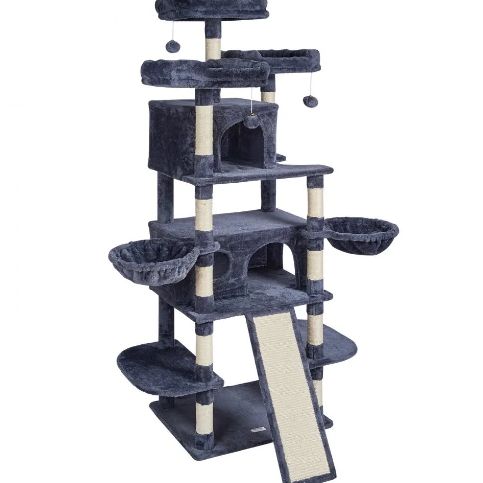 VEVOR Cat Tree for Indoor Cats, 68.5" Cat Tower with 2 Cat Condos, Sisal Scratching Post, Hammocks, Top Perches, Jumping Platforms and Ramp, Cat Furniture Activity Center with Hang Balls, Dark Grey