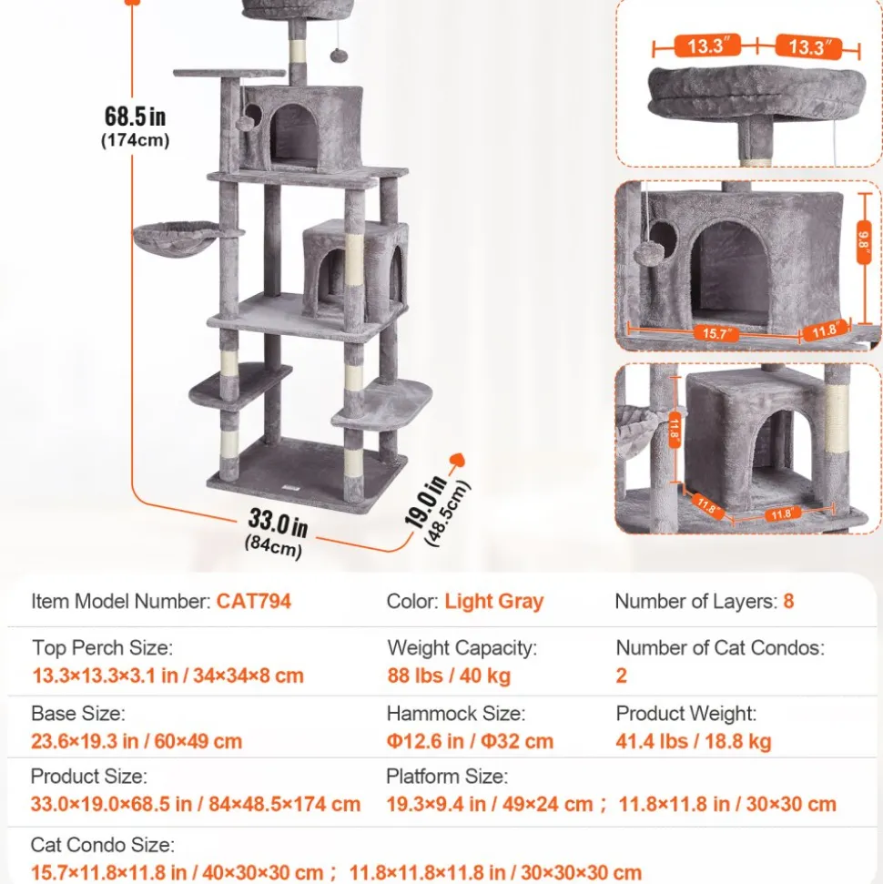 VEVOR Cat Tree for Indoor Cats, 68.5" Cat Tower with 2 Cat Condos, Sisal Scratching Post, Hammock, Top Perch, Jumping Platforms, Large Cat Furniture Activity Center with Hang Ball, Light Grey