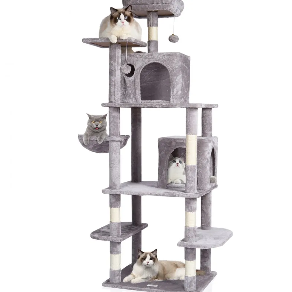 VEVOR Cat Tree for Indoor Cats, 68.5" Cat Tower with 2 Cat Condos, Sisal Scratching Post, Hammock, Top Perch, Jumping Platforms, Large Cat Furniture Activity Center with Hang Ball, Light Grey