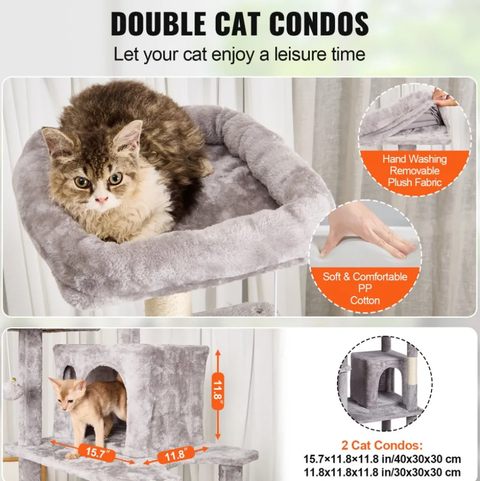 VEVOR Cat Tree for Indoor Cats, 68.5" Cat Tower with 2 Cat Condos, Sisal Scratching Post, Hammock, Top Perch, Jumping Platforms, Large Cat Furniture Activity Center with Hang Ball, Light Grey
