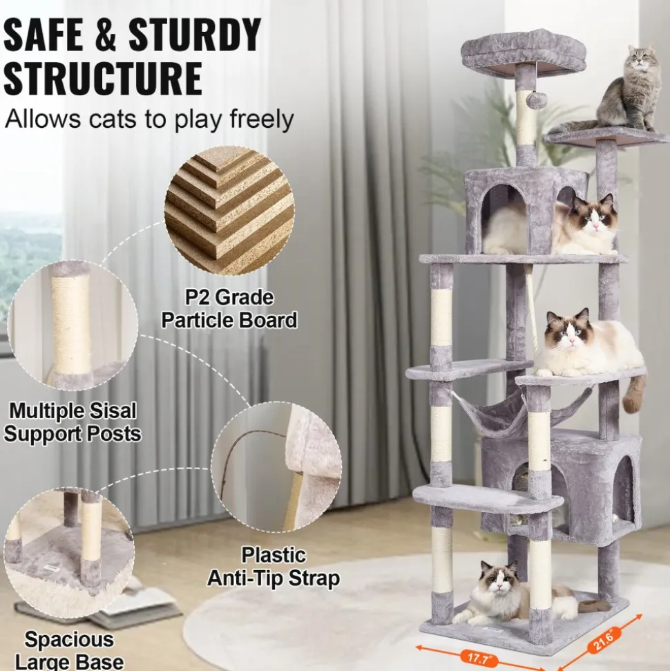 VEVOR Cat Tree for Indoor Cats, 72" Cat Tower with 2 Cat Condos, Sisal Scratching Post, Hammock, Top Perch, Jumping Platforms, Large Cat Furniture Activity Center with Hang Ball, Light Grey