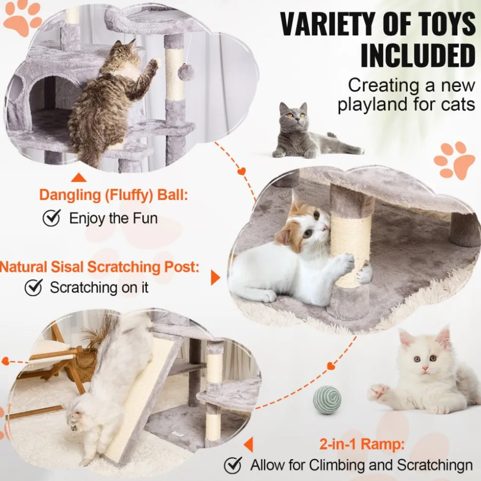 VEVOR Cat Tree for Indoor Cats, 68.5" Cat Tower with 2 Cat Condos, Sisal Scratching Post, Hammocks, Top Perches, Jumping Platforms and Ramp, Cat Furniture Activity Center with Hang Balls, Light Grey