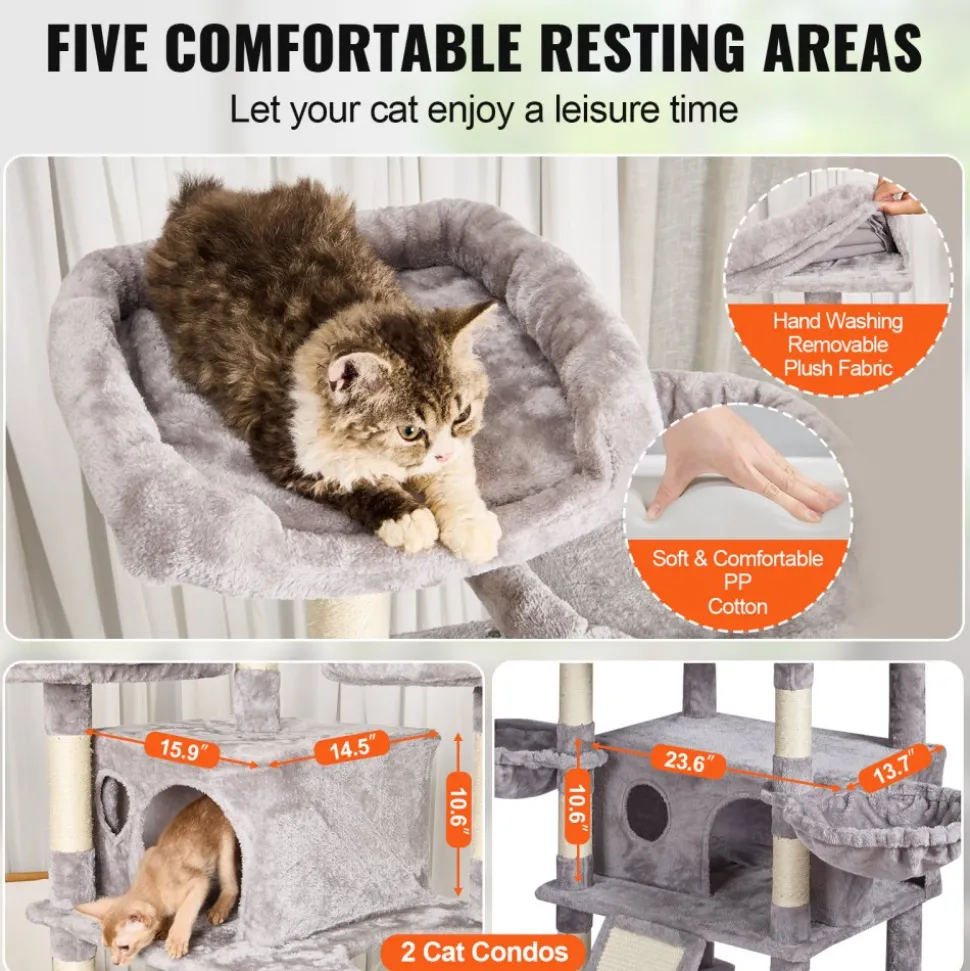 VEVOR Cat Tree for Indoor Cats, 68.5" Cat Tower with 2 Cat Condos, Sisal Scratching Post, Hammocks, Top Perches, Jumping Platforms and Ramp, Cat Furniture Activity Center with Hang Balls, Light Grey